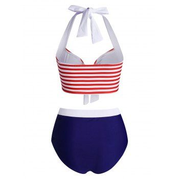 Vintage Tankini Swimsuit Stripe Print Bathing Suit Bowknot Mock Button Halter Tummy Control Swimwear 