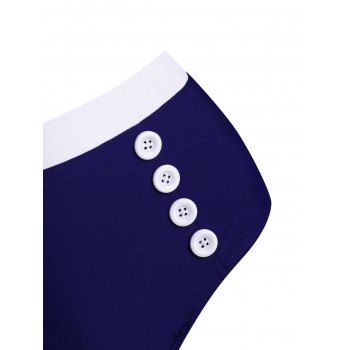 Vintage Tankini Swimsuit Stripe Print Bathing Suit Bowknot Mock Button Halter Tummy Control Swimwear 