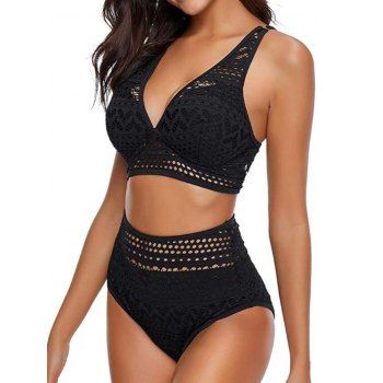 Solid Color Lace Overlay Cut Out Two Piece Bikini Swimsuit Plunging Neck High Waist Bathing Swimwear