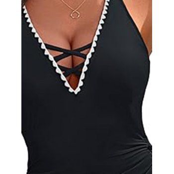 Contrast Scalloped Embroidery Trim Cinched Crisscross One-piece Swimsuit 