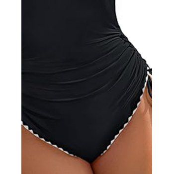 Contrast Scalloped Embroidery Trim Cinched Crisscross One-piece Swimsuit