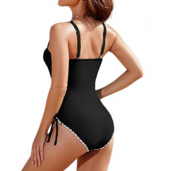 Contrast Scalloped Embroidery Trim Cinched Crisscross One-piece Swimsuit 