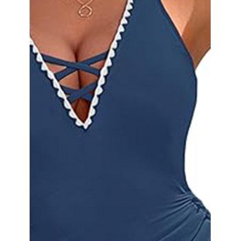 Contrast Scalloped Embroidery Trim Cinched Crisscross One-piece Swimsuit 