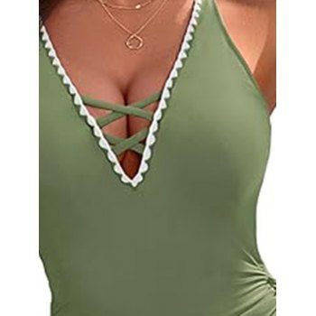 Contrast Scalloped Embroidery Trim Cinched Crisscross One-piece Swimsuit 