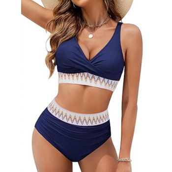 Contrast Zigzag Print Crossover Bikini Swimsuit Plunging Neck High Waist Two Piece Swimwear