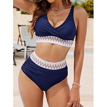 Contrast Zigzag Print Crossover Bikini Swimsuit Plunging Neck High Waist Two Piece Swimwear