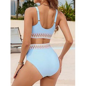 Contrast Zigzag Print Crossover Bikini Swimsuit Plunging Neck High Waist Two Piece Swimwear