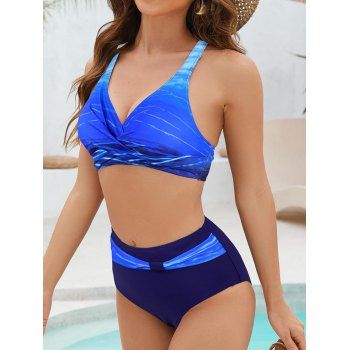 Ombre Stripe Print Crossover Two Piece Bikini Swimsuit