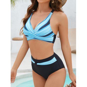 Ombre Stripe Print Crossover Two Piece Bikini Swimsuit 