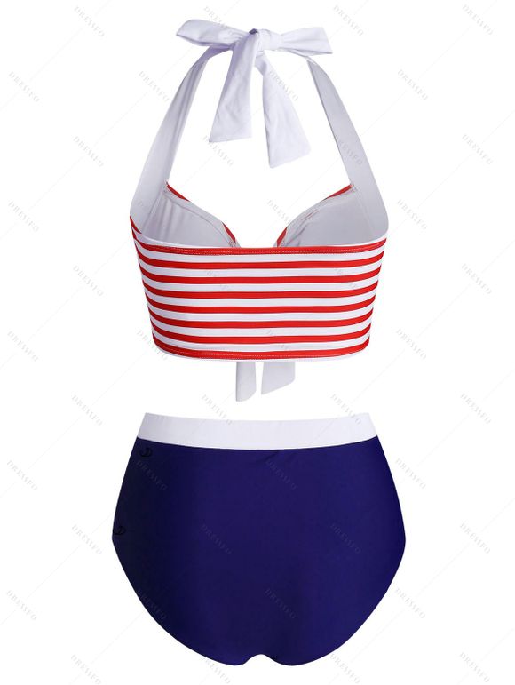 Maillot de Bain Tankini Rayé Vintage Gainant Noué avec Faux Bouton à Col Halter - Rouge S