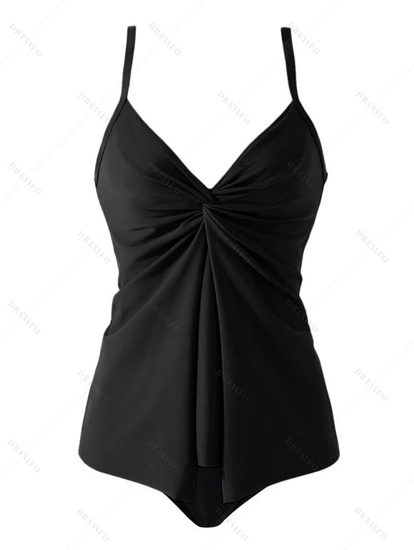 Maillot de Bain Tankini Tordu Plongeant à Taille Haute à Bretelle Ajustable Deux Pièces - Noir S | US 4