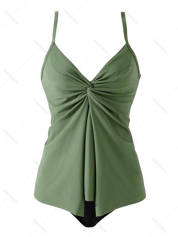 Maillot de Bain Tankini Tordu Plongeant à Taille Haute à Bretelle Ajustable Deux Pièces - Vert clair XL | US 10