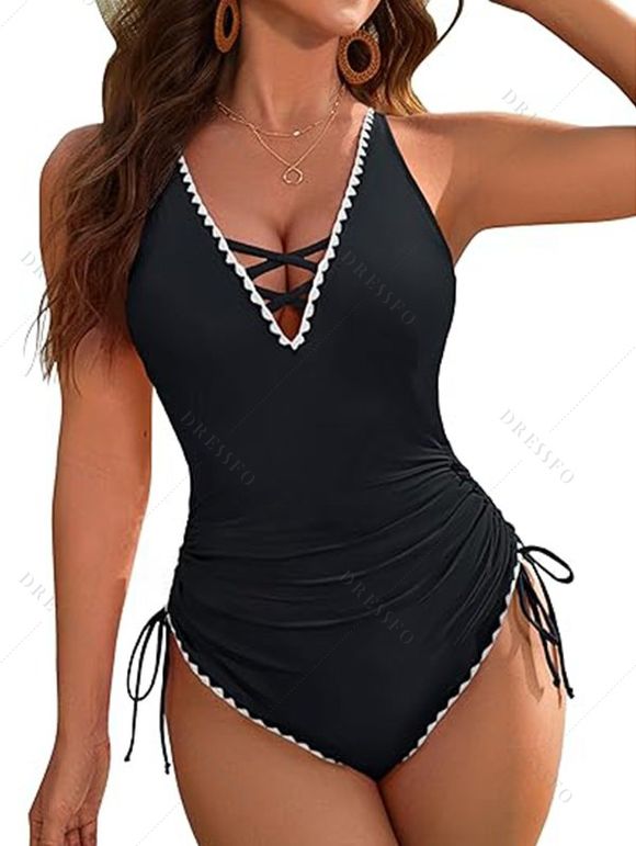 Maillot de Bain Croisé Festonné Brodé à Ourlet Contrasté Une-Pièce - Noir S | US 4