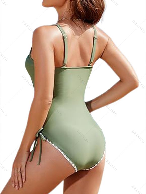 Maillot de Bain Croisé Festonné Brodé à Ourlet Contrasté Une-Pièce - Vert clair XL | US 10