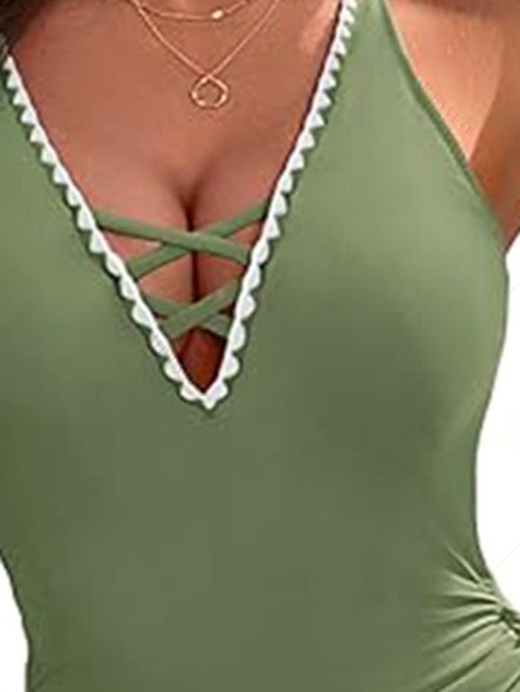 Maillot de Bain Croisé Festonné Brodé à Ourlet Contrasté Une-Pièce - Vert clair XL | US 10