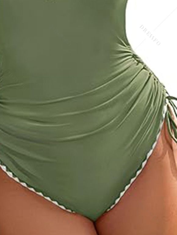Maillot de Bain Croisé Festonné Brodé à Ourlet Contrasté Une-Pièce - Vert clair XL | US 10