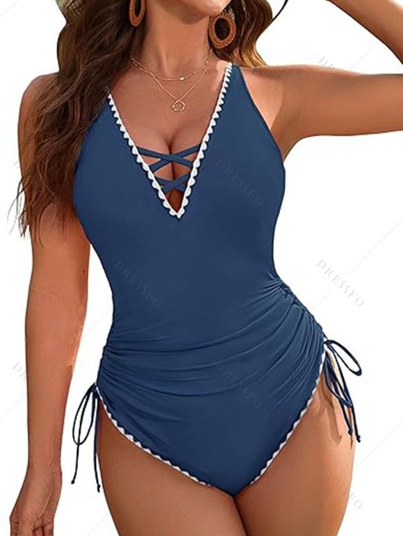 Maillot de Bain Croisé Festonné Brodé à Ourlet Contrasté Une-Pièce - Bleu profond XL | US 10