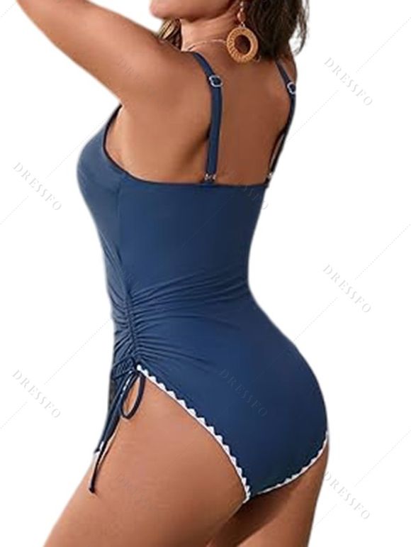 Maillot de Bain Croisé Festonné Brodé à Ourlet Contrasté Une-Pièce - Bleu profond S | US 4