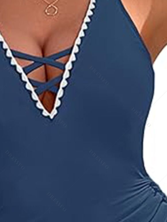 Maillot de Bain Croisé Festonné Brodé à Ourlet Contrasté Une-Pièce - Bleu profond S | US 4