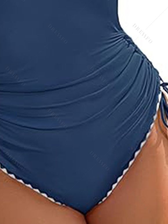 Maillot de Bain Croisé Festonné Brodé à Ourlet Contrasté Une-Pièce - Bleu profond S | US 4