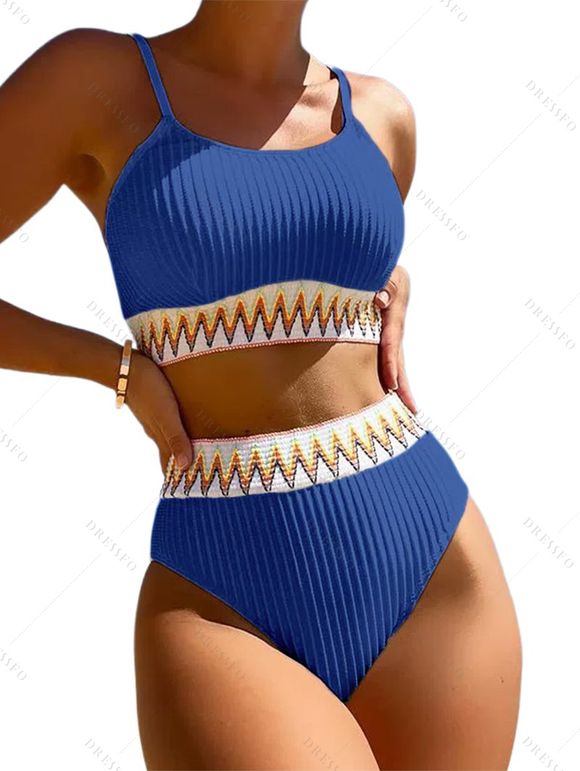 Maillot de Bain Tankini Côtelé Zigzag Imprimé Coloré à Taille Haute à Armature - Bleu profond S | US 4