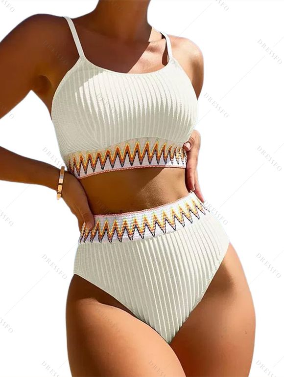 Maillot de Bain Tankini Côtelé Zigzag Imprimé Coloré à Taille Haute à Armature - Blanc XL | US 10