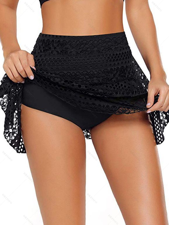 Jupe-Culotte Découpée en Dentelle Superposée en Couleur Solide à Taille Haute - Noir S | US 4