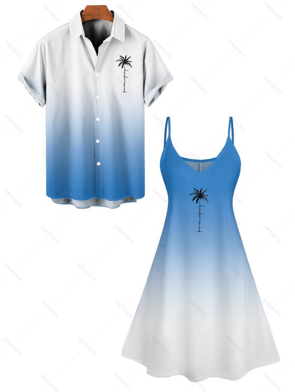 Palm Tree Ombre Print V Neck Spaghetti Strap Vacation Dress And Short Sleeve Shirt Matching Outfit - Bleu clair S | US 4