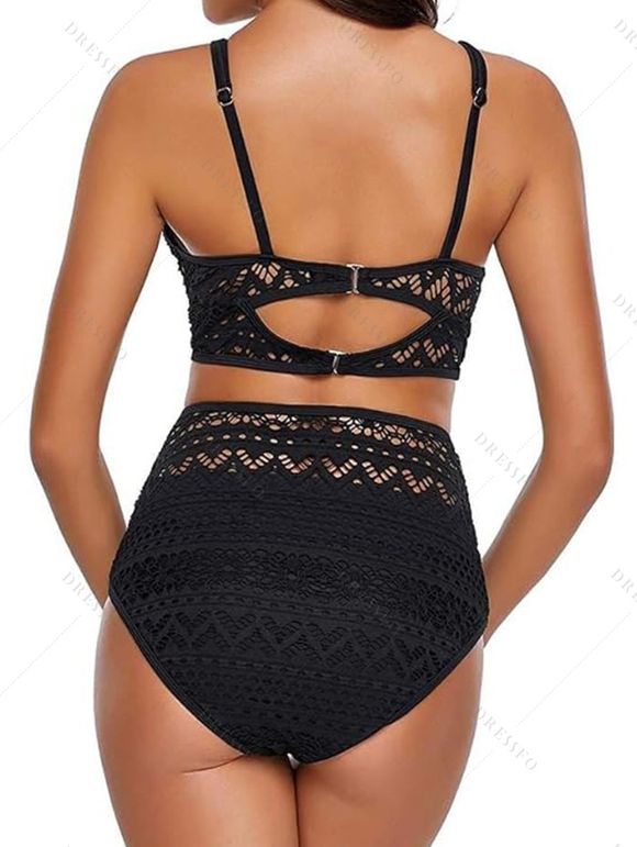 Maillot de Bain Bikini Superposé Découpé en Dentelle en Couleur Unie à Taille Haute Deux Pièces - Noir M | US 6