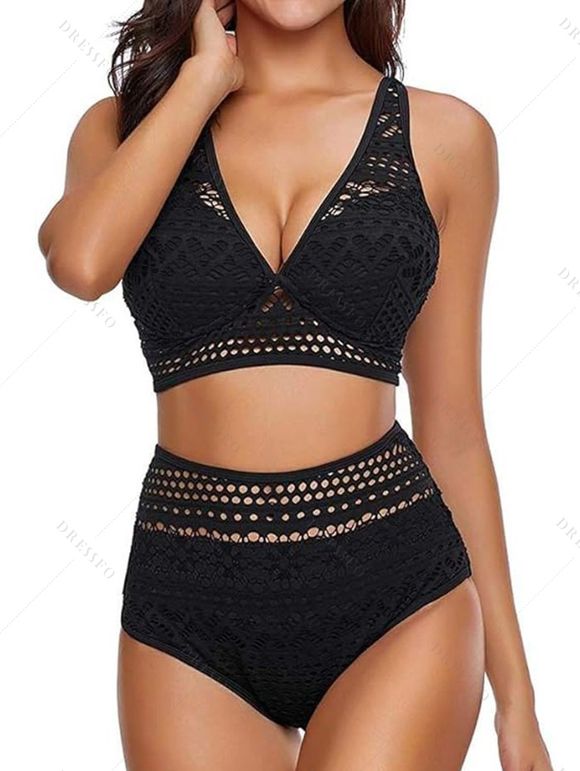 Maillot de Bain Bikini Superposé Découpé en Dentelle en Couleur Unie à Taille Haute Deux Pièces - Noir M | US 6