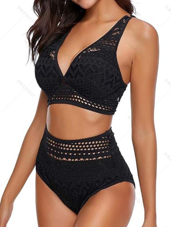 Maillot de Bain Bikini Superposé Découpé en Dentelle en Couleur Unie à Taille Haute Deux Pièces - Noir M | US 6