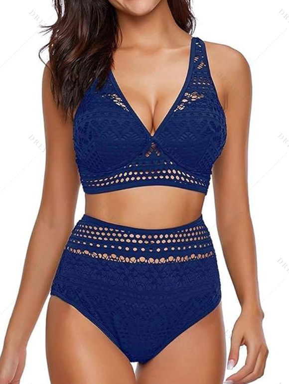 Maillot de Bain Bikini Superposé Découpé en Dentelle en Couleur Unie à Taille Haute Deux Pièces - Bleu profond S | US 4