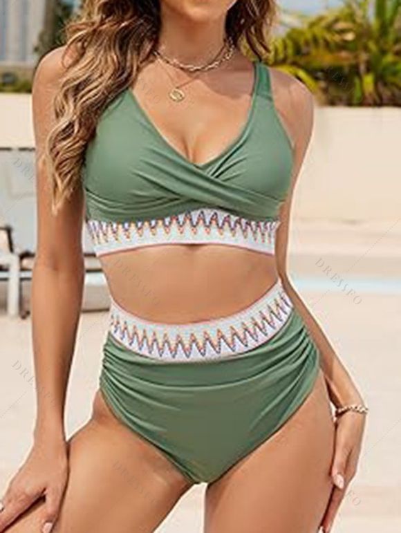 Maillot de Bain Bikini Croisé Contrasté Zigzag Imprimé à Taille Haute Deux Pièces - Vert clair XL | US 10