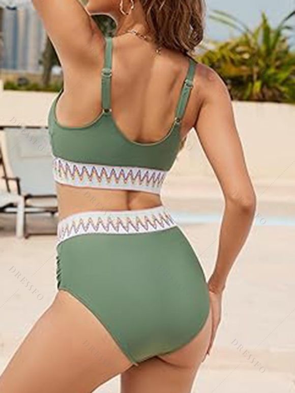 Maillot de Bain Bikini Croisé Contrasté Zigzag Imprimé à Taille Haute Deux Pièces - Vert clair XL | US 10