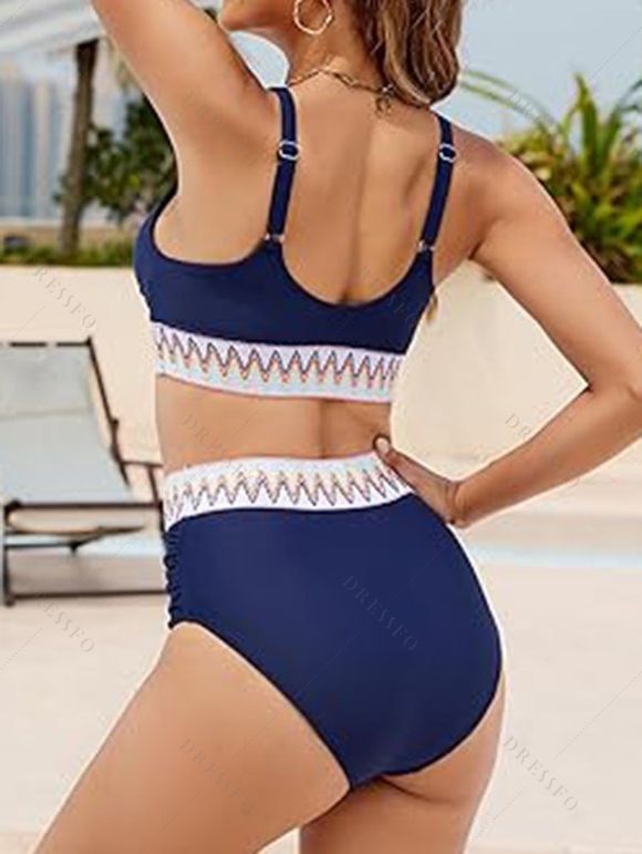 Maillot de Bain Bikini Croisé Contrasté Zigzag Imprimé à Taille Haute Deux Pièces - Bleu profond XL | US 10