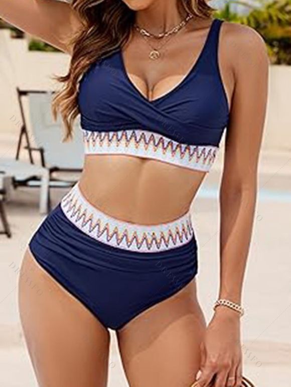 Maillot de Bain Bikini Croisé Contrasté Zigzag Imprimé à Taille Haute Deux Pièces - Bleu profond XL | US 10