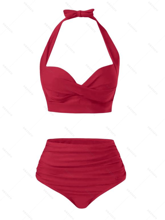 Maillot de Bain Bikini Ajustable Noué Tordu en Couleur Unie à Taille Haute Deux Pièces - Rouge foncé S | US 4