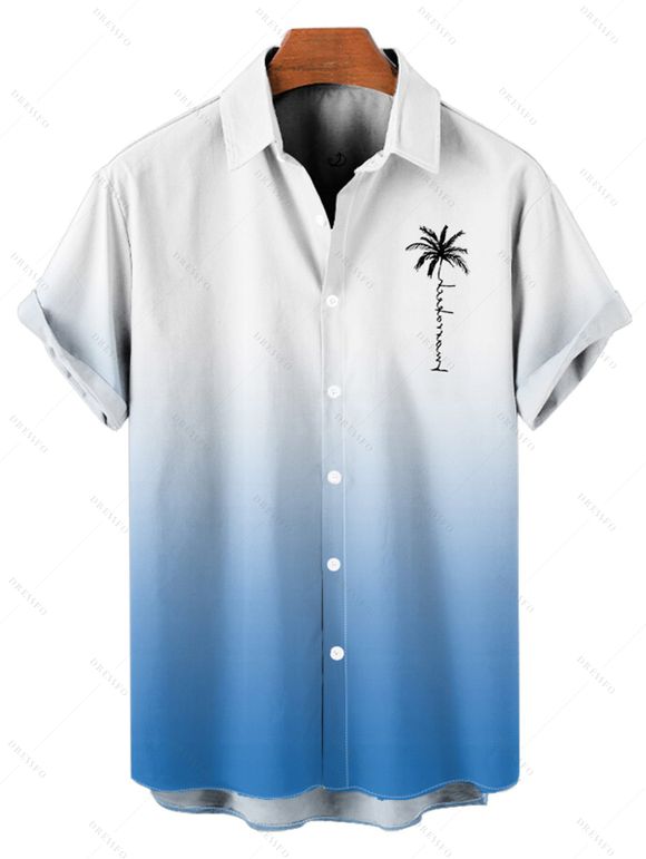 Chemise de Vacances Boutonnée Palmier Ombré Imprimé à Manches Courtes - Bleu clair M