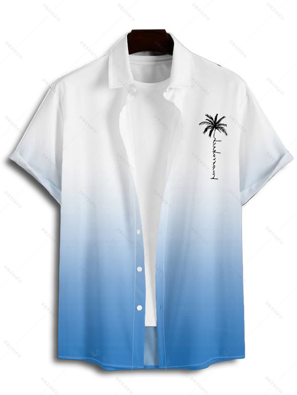 Chemise de Vacances Boutonnée Palmier Ombré Imprimé à Manches Courtes - Bleu clair 2XL