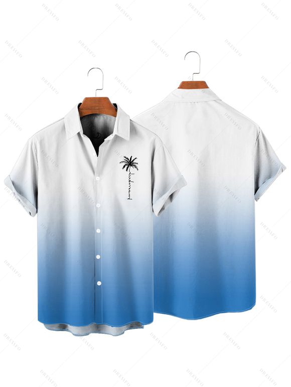 Chemise de Vacances Boutonnée Palmier Ombré Imprimé à Manches Courtes - Bleu clair 2XL