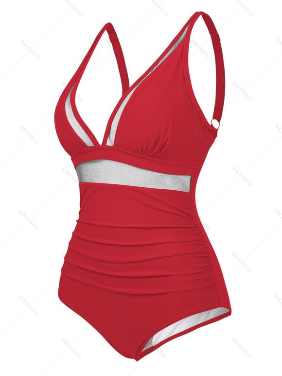 Maillot de Bain Panneau en Maille en Couleur Unie à Col Plongeant Une-Pièce - Rouge S | US 4