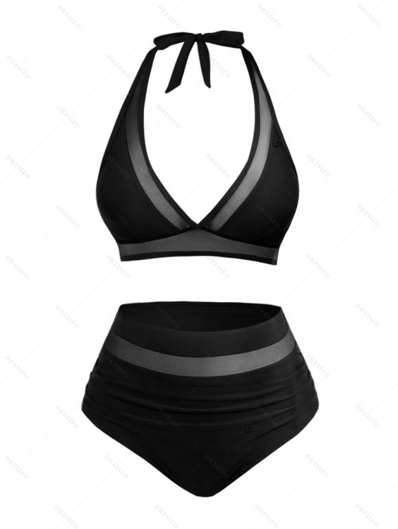 Maillot de Bain Bikini Panneau en Maille Transparente Deux Pièces à Col Plongeant - Noir S | US 4