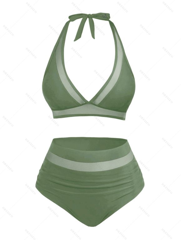 Maillot de Bain Bikini Panneau en Maille Transparente Deux Pièces à Col Plongeant - Vert profond XL | US 10