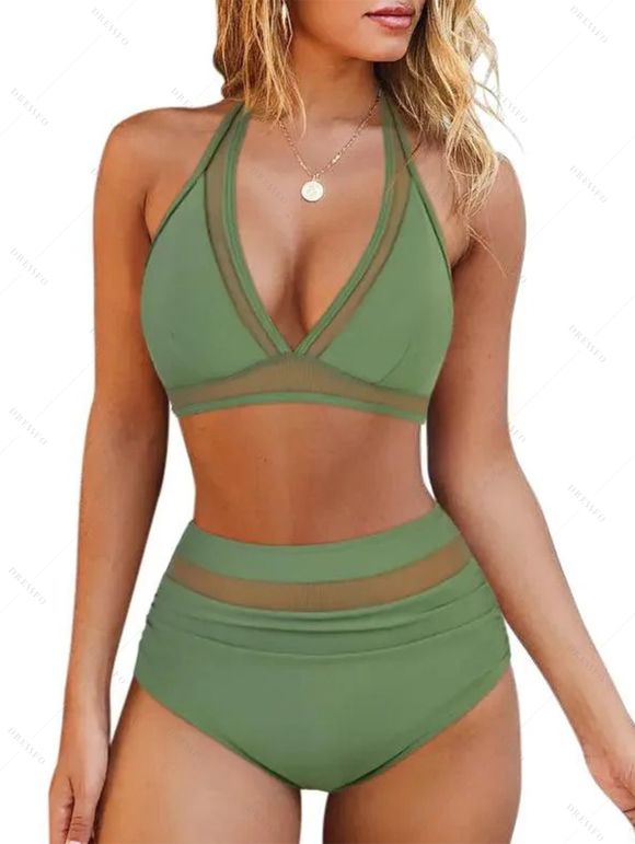 Maillot de Bain Bikini Panneau en Maille Transparente Deux Pièces à Col Plongeant - Vert profond XL | US 10