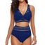 Maillot de Bain Bikini Superposé Découpé en Dentelle en Couleur Unie à Taille Haute Deux Pièces - Bleu profond S | US 4