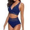 Maillot de Bain Bikini Superposé Découpé en Dentelle en Couleur Unie à Taille Haute Deux Pièces - Bleu profond S | US 4