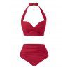 Maillot de Bain Bikini Ajustable Noué Tordu en Couleur Unie à Taille Haute Deux Pièces - Rouge foncé S | US 4