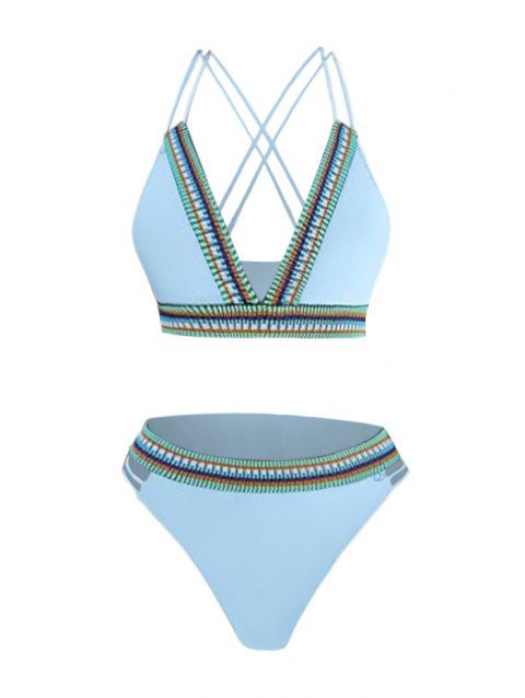 Maillot de Bain Bikini Découpé Rayé Imprimé à Col Plongeant Deux Pièces