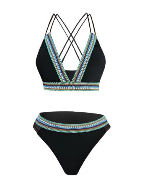 Maillot de Bain Bikini Découpé Rayé Imprimé à Col Plongeant Deux Pièces