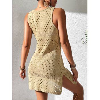Solid Sleeveless Knit Sunscreen Cover-Up Hollow Out Slit Beach Dress